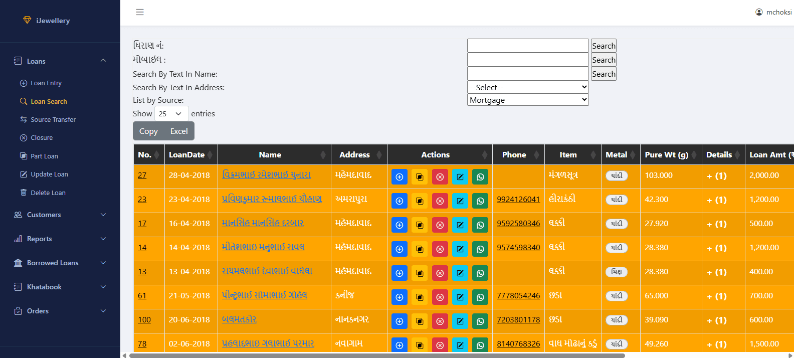iJewellery loan search dashboard showing active gold and silver loans with customer names in Gujarati, loan dates, item types, pure weight in grams, and loan amounts — with action buttons for closure, part loan, edit, and WhatsApp reminder