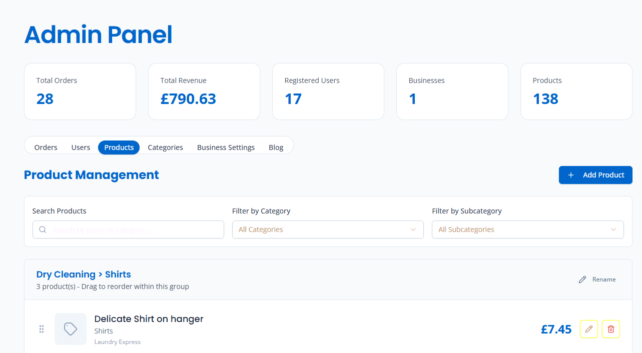 LaundryEx admin panel showing 28 total orders, £790.63 revenue, 17 registered users, and product management with drag-and-drop reordering